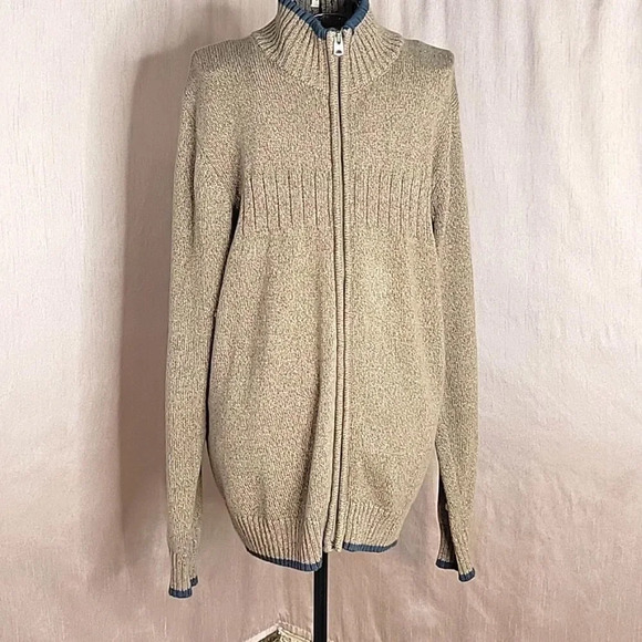 COLUMBIA Tan and Blue Zip‎ Up Mock Turtleneck Cardigan Sweater Medium - Picture 1 of 6